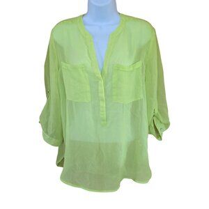 Bright Lime Sheer Blouse With Roll-Tab Sleeves bold Y2K